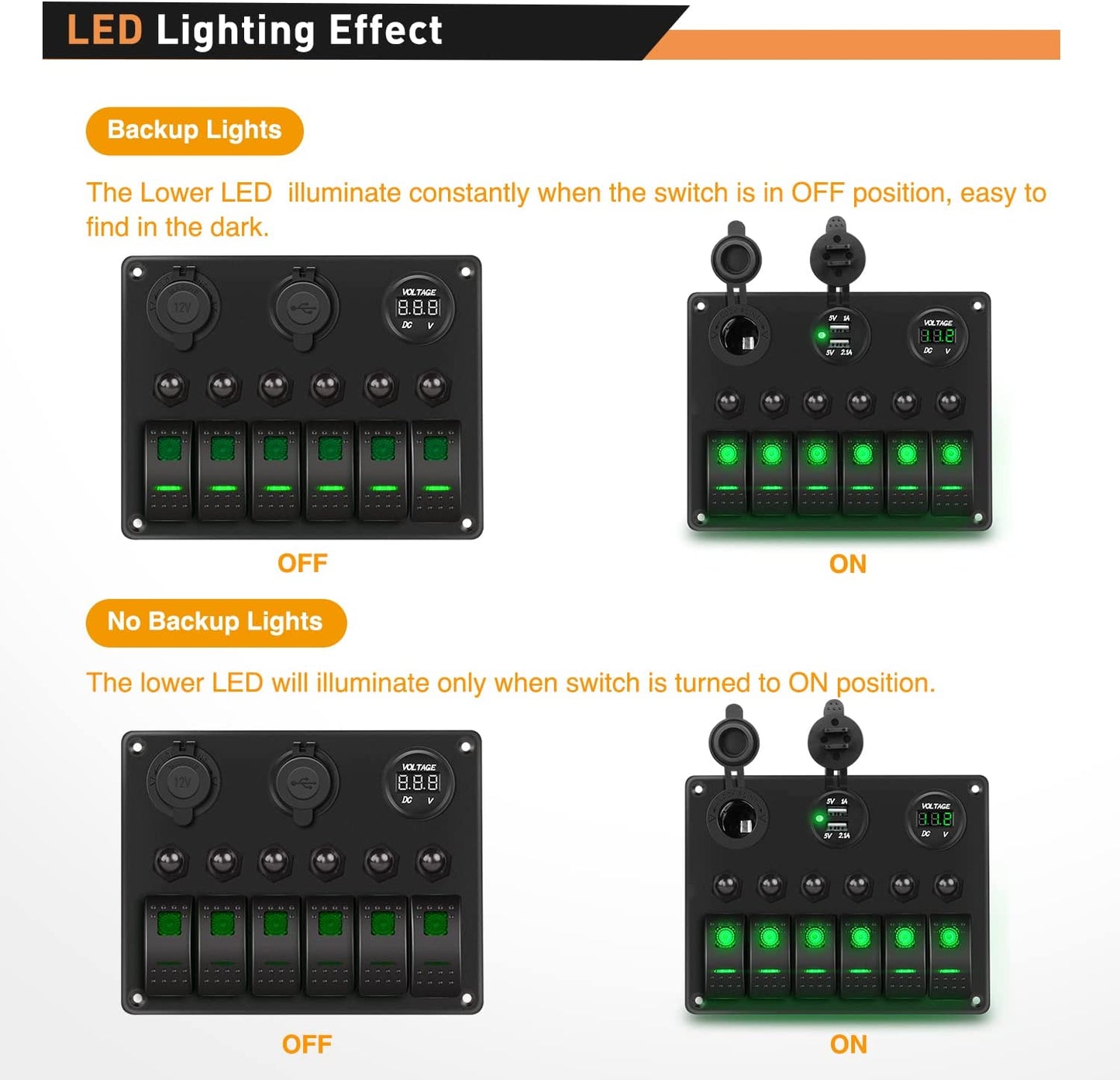 Waywe 6 Gang ON Off Rocker Switch Panel Green Backlit 12V 24V LED Digital Voltmeter 3.1A Dual USB Charger Cigarette Lighter Socket Overload Protection Switch Panel For Cars RVs Boats
