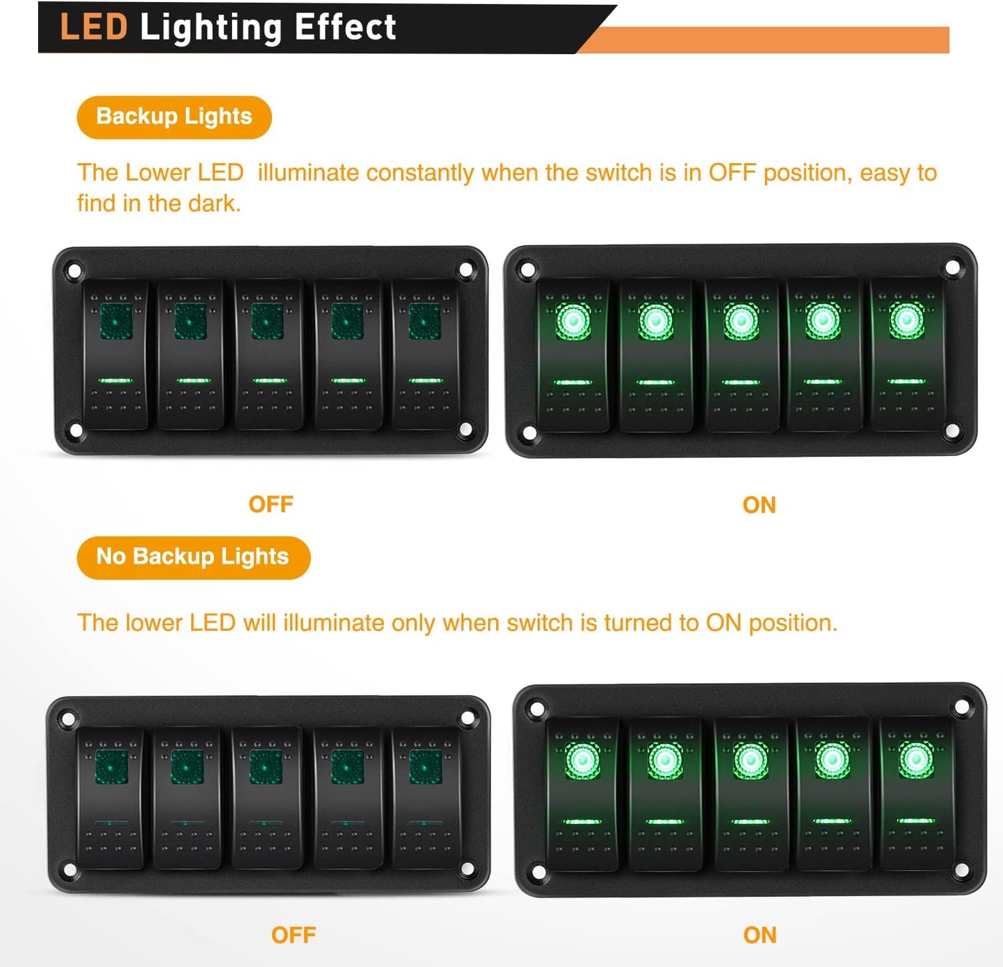 Waywe 5 Gang Rocker Switch Panel 5Pin On Off Toggle Switch Aluminum Holder 12V 24V Dash Pre-Wired Green Backlit Switches for Automotive Cars Marine Boats RVs Truck