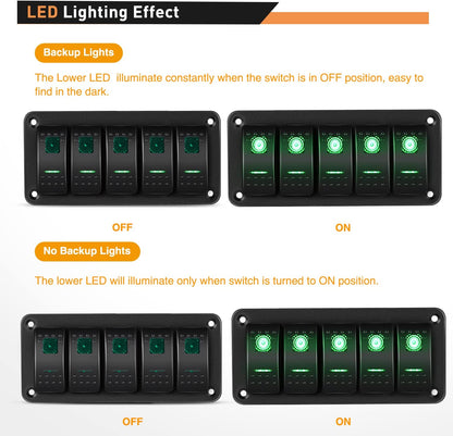 Waywe 5 Gang Rocker Switch Panel 5Pin On Off Toggle Switch Aluminum Holder 12V 24V Dash Pre-Wired Green Backlit Switches for Automotive Cars Marine Boats RVs Truck