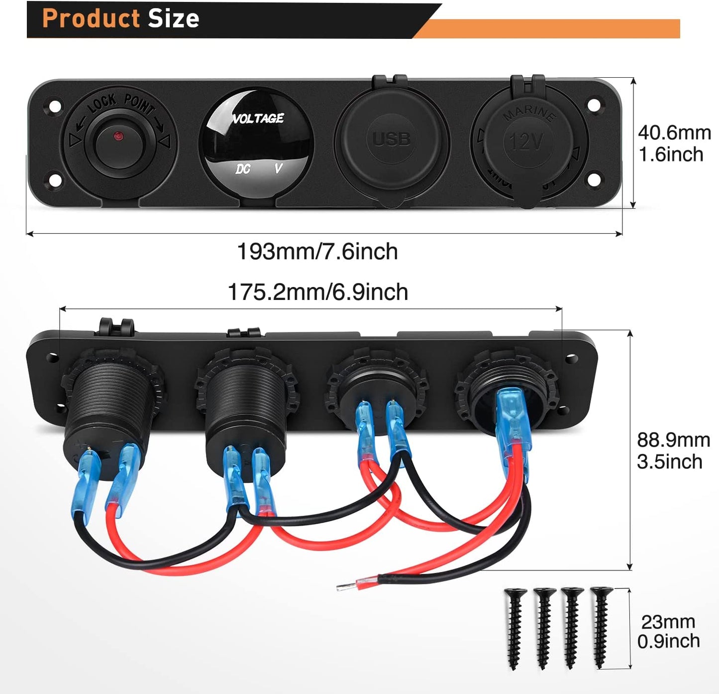 Waywe 4 in 1 ON Off Charger Socket Panel Dual USB Power Outlet LED Voltmeter Cigarette Lighter Lighted Rocker Toggle Switch for Truck Car Marine Boats RV