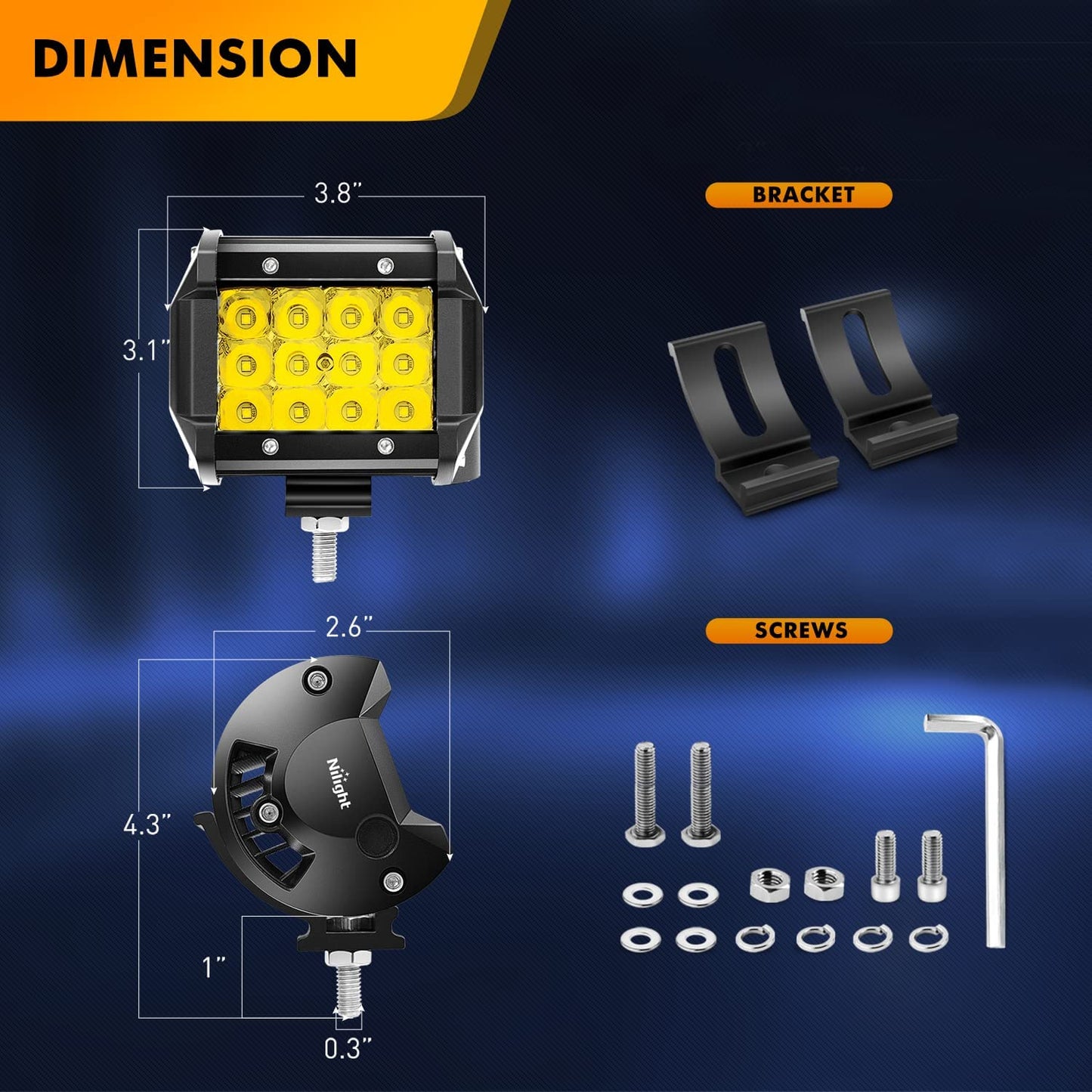 Waywe 2PCS 4" Amber LED Pods 36W Triple Row Flood Light Bar Fog Light 3600LM Driving Lighting with 16AWG Off Road Wiring Harness-2 Leads for Truck Golf Cart SUV ATV UTV Boat, Clear,Yellow