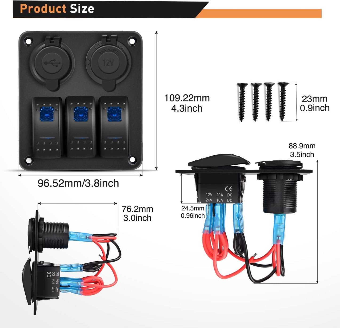Waywe 3 Gang Rocker Switch Panel with USB Charger and Cigar Lighter 12V 24V Toggle Switch ON Off Rocker Switch Blue for Cars Rvs Trucks