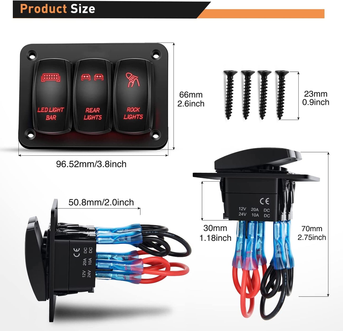 Waywe 3 Gang Rocker Switch Panel Aluminum 5 Pin ON Off Toggle Switch Panel LED Light Bar Switch SPST 12V 24V Red Switches for Marine Boats Cars ATVs UTVs