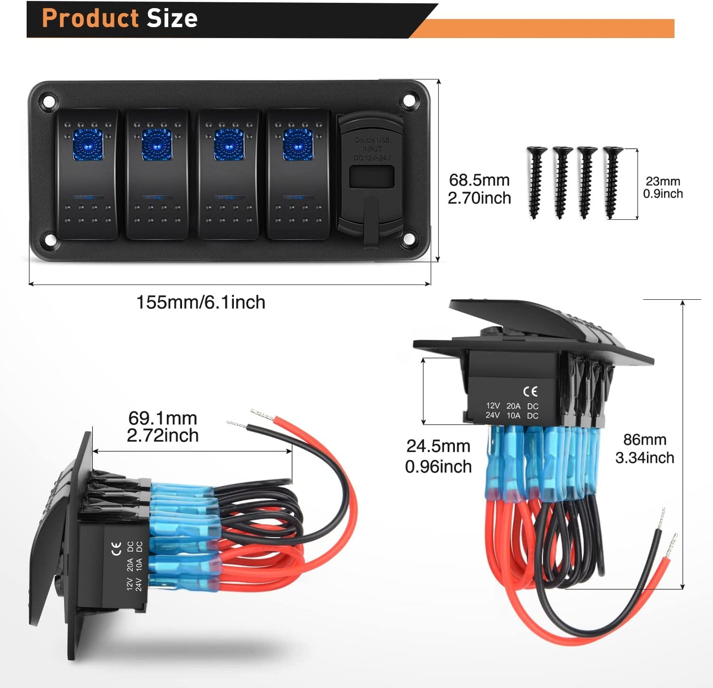 Waywe 4 Gang Aluminum Rocker Switch Panel Blue with 4.8 Amp Dual USB Charger Voltmeter