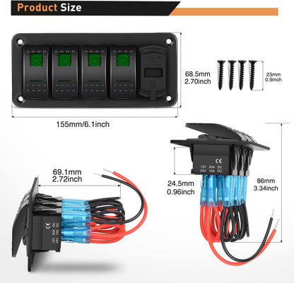 Waywe 4 Gang Rocker Switch Panel Green Backlit with 4.8 Amp Dual USB Charger Voltmeter Waterproof 12V 24V DC Rocker Switch  for Car Trucks Boats RVs
