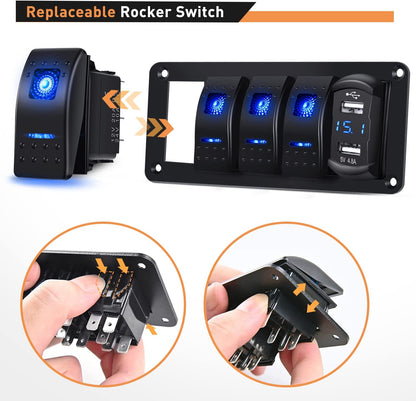 Waywe 4 Gang Aluminum Rocker Switch Panel Blue with 4.8 Amp Dual USB Charger Voltmeter