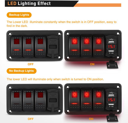 Waywe 3 Gang Rocker Switch Panel Red Backlit with 4.8 Amp Dual USB Charger Voltmeter Waterproof 12V 24V DC Rocker Switch  for Car Trucks Boats RVs
