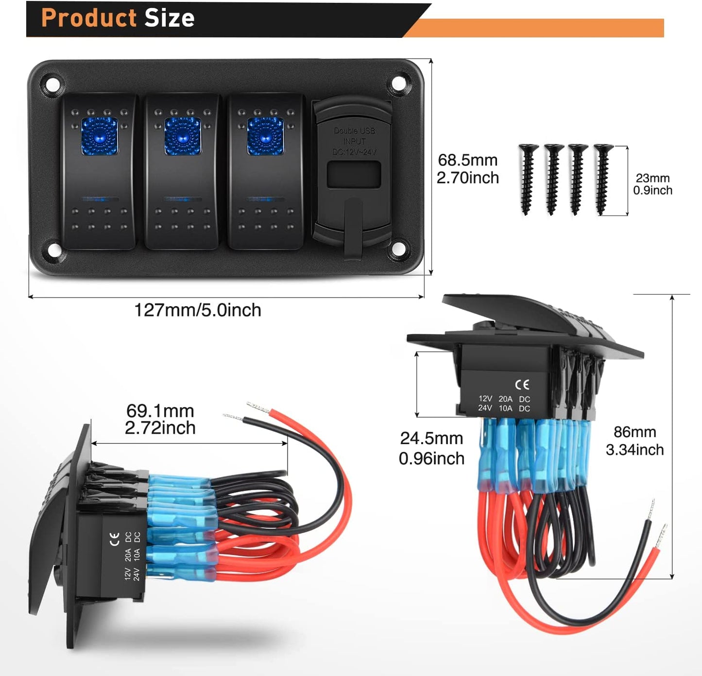 Waywe 3 Gang Aluminum Rocker Switch Panel Blue with 4.8 Amp Dual USB Charger Voltmeter