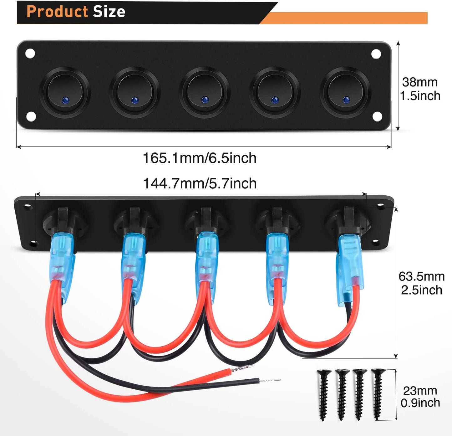 Waywe 5 Gang 3 Pin Rocker Switch Panel 20A Waterproof On Off 12V Blue Toggle Switch for Cars Trucks Boats