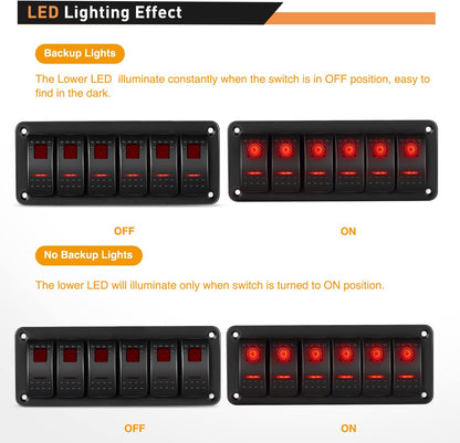 Waywe 6 Gang Rocker Switch Panel 5Pin On Off Toggle Switch Aluminum Holder 12V 24V Dash Pre-Wired Red Backlit Switches for Automotive Cars Marine Boats RVs Truck