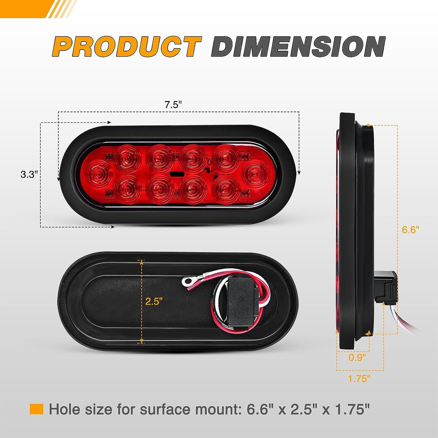 Waywe 6Inch Oval Trailer Tail Light 4PCS 10LED Red Stop Brake Turn Signals Lights w/Surface Mount Grommets Plugs IP67 Waterproof for Truck RV Tractor