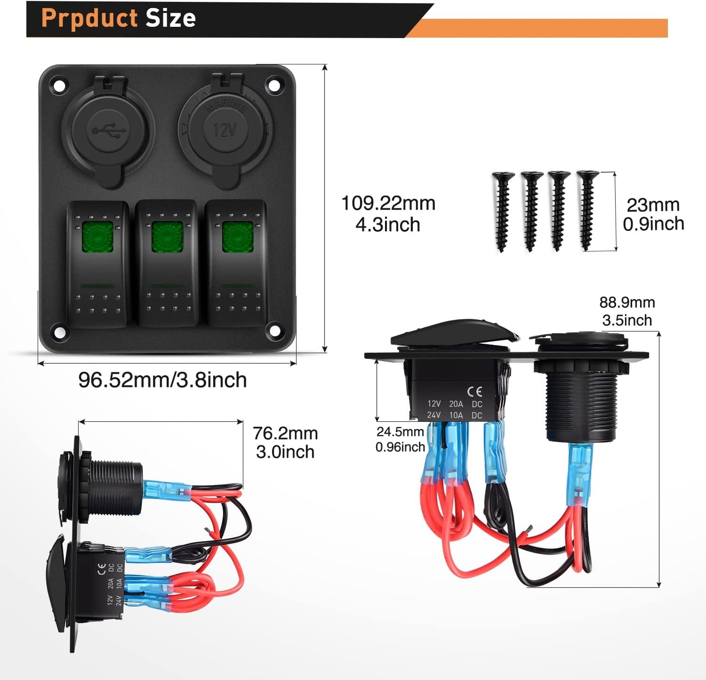 Waywe 3 Gang Rocker Switch Panel with USB Charger and Cigar Lighter 12V 24V Toggle Switch ON Off Rocker Switch Green for Cars Rvs Trucks