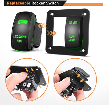 Waywe 2 Gang Rocker Switch Panel LED Light Bar Switch Rear Lights Switch 12 24V DC Green Switches 5Pin ON Off Pre-Wired Toggle Switch Panel for Cars ATVs UTVs