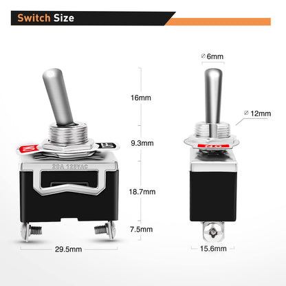 Waywe Heavy Duty Rocker Toggle 15A 250V 20A 125V SPST 2Pin ON Off Switch Metal Bat Waterproof Boot Cap Cover-5 Pack