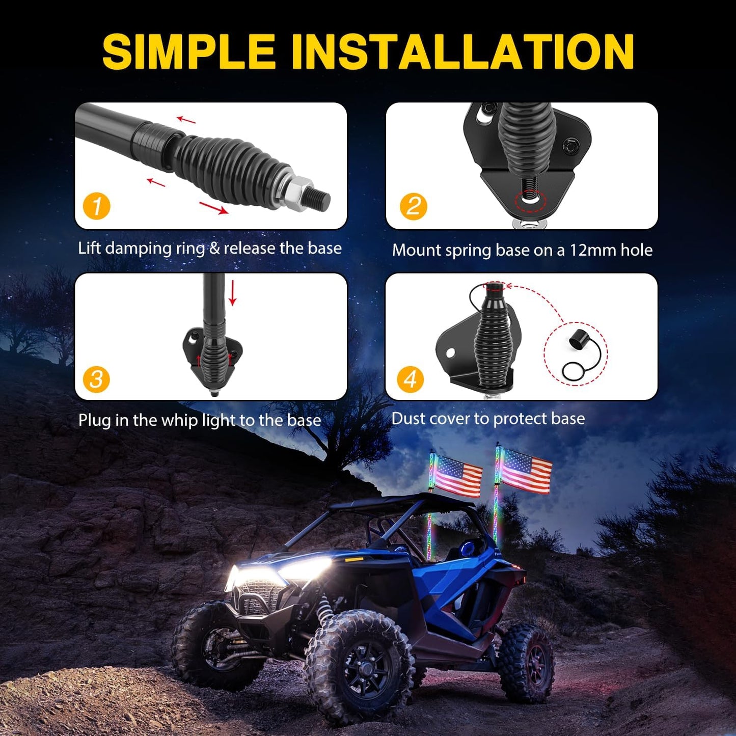 Waywe 2 PCS 5FT LED Whip Light with Spring Base Spiral RGB Chasing RF Remote Lighted Whips w/ Rocker Switch LED Antenna for UTV ATV Truck Sand Rail Buggy Dune RZR Can-am