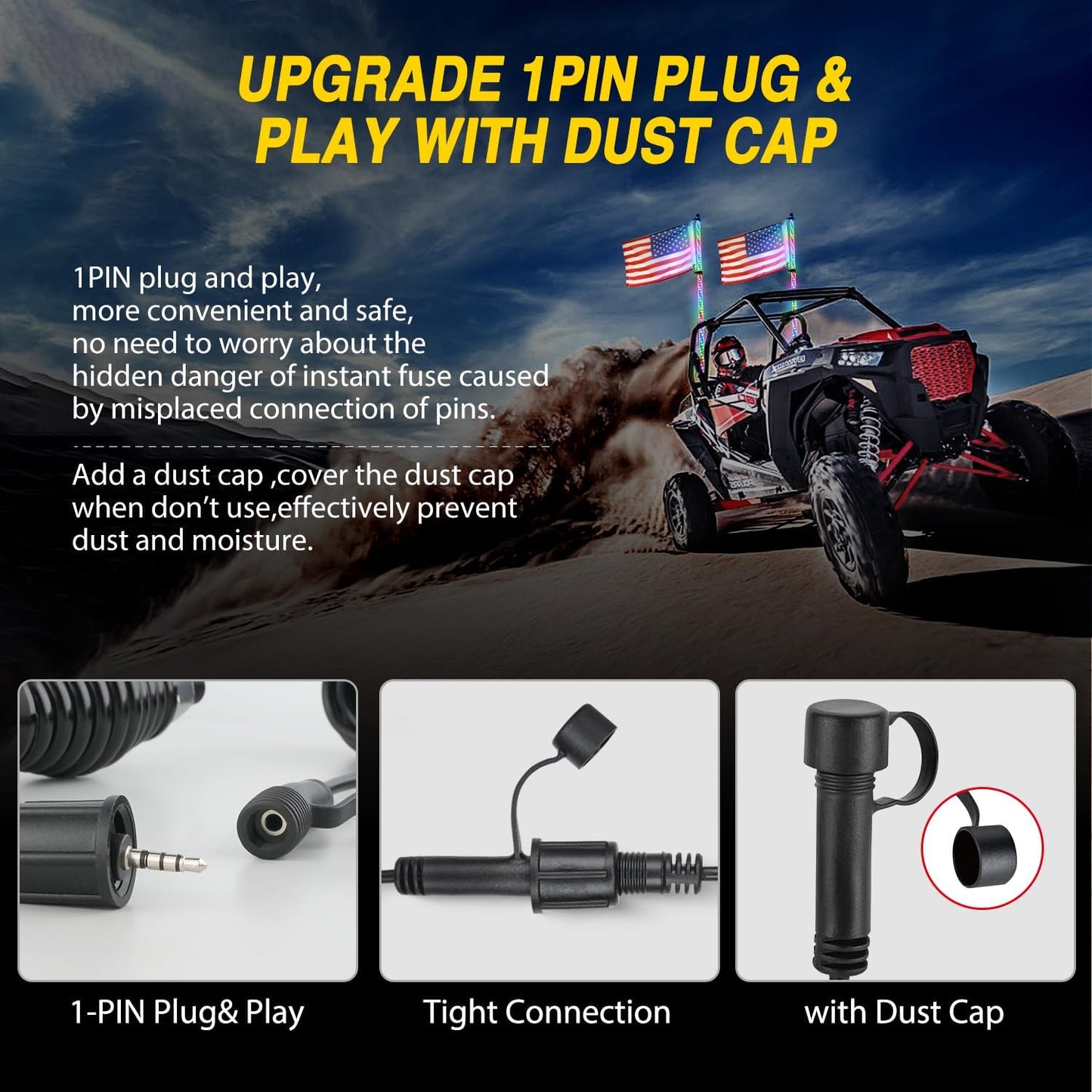 Waywe 2 PCS 5FT LED Whip Light with Spring Base Bluetooth App RF Remote Control Stop Turn Reverse Lights Antenna Whips for UTV ATV Truck Buggy Dune RZR Can-am