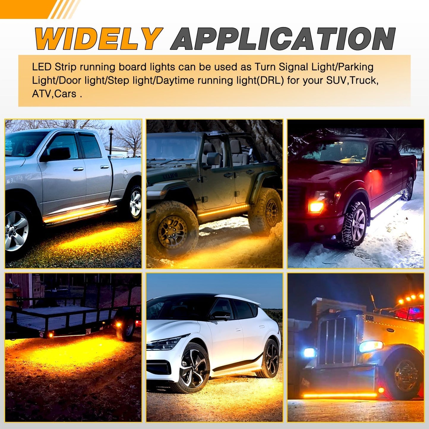 Waywe Truck Running Board Lights - 2PCS 70 Inch DRL LED Side Maker Light Kits for Extended and Crew Cab Trucks Pickup White Courtesy Amber Sequential Turn Signal Lighting Strips