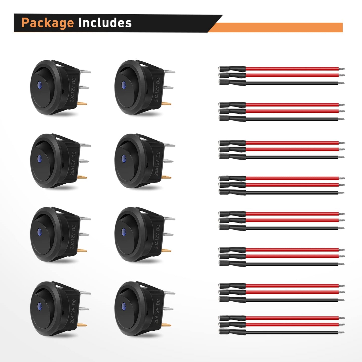Waywe 8PCS 12V 20A Round Blue Toggle LED Rocker Switch On-Off Control SPST 3Pins Switches with 24PCS Wires for Car Truck Boat Marine Off-Road Vehicle