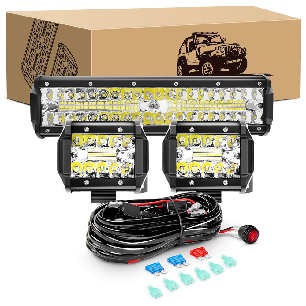 Waywe 12Inch 300W Led Light Bar 2PCS 4Inch 60W LED Pods Led Driving Fog Lights with 16AWG Off Road Wiring Harness-3 Leads for Truck Golf Cart SUV ATV UTV Boat