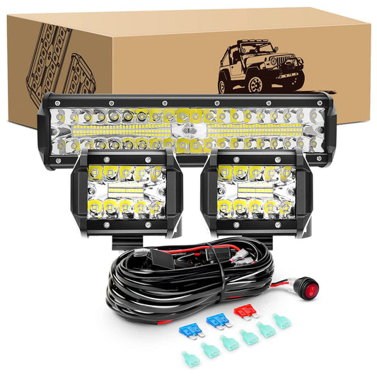 Waywe 12Inch 300W Led Light Bar 2PCS 4Inch 60W LED Pods Led Driving Fog Lights with 16AWG Off Road Wiring Harness-3 Leads for Truck Golf Cart SUV ATV UTV Boat