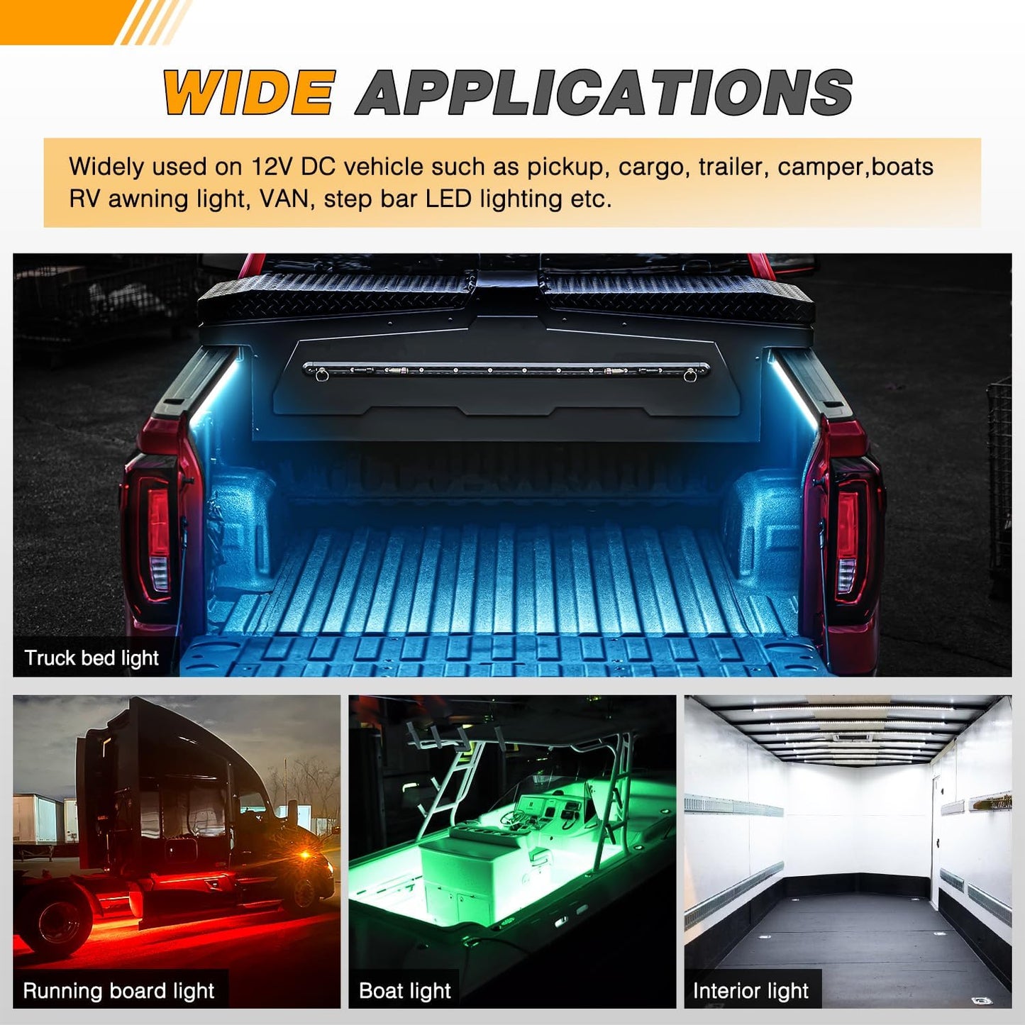 Waywe RGB Truck Bed Light Strip 2PCS 60" 180 LEDs Neon Accent Lighting with RF Remote On/Off Switch Splitter Extension Cable for 12-Volt Car Cargo Pickup SUV RV Boat