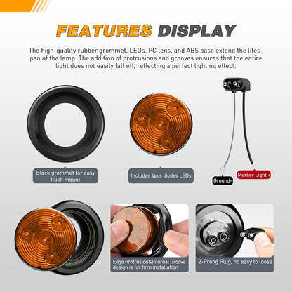 Waywe 2 Inch Round Side Marker Light 10PCS Red Amber 4LED Front Rear Clearance Indicator Lights Flush Mount with Plug Grommet Pigtail Hardwired for Truck Camper RV Boat