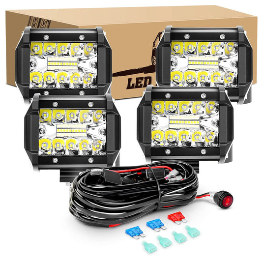 Waywe 4PCS 60W 4 Inch Triple Row LED Pods Flood Light Bar Fog Light Driving Lighting with 16AWG Off Road Wiring Harness-4 Leads for Truck Golf Cart SUV ATV UTV Boat, Clear,White