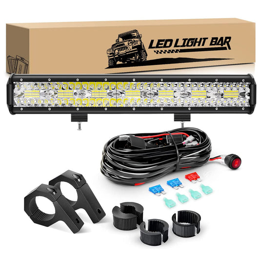 Waywe 20Inch 420W Triple Row Led Light Bar Spot Flood Combo Driving Lighting Mounting Bracket Horizontal Bar Tube Working Light with 16AWG Wiring Harness for Truck Golf Cart Boat