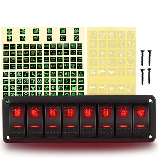 Waywe 8 Gang Rocker Switch Panel 5Pin On Off Toggle Switch Aluminum Holder 12V 24V Dash Pre-Wired Red Backlit Switches for Automotive Cars Marine Boats RVs Truck