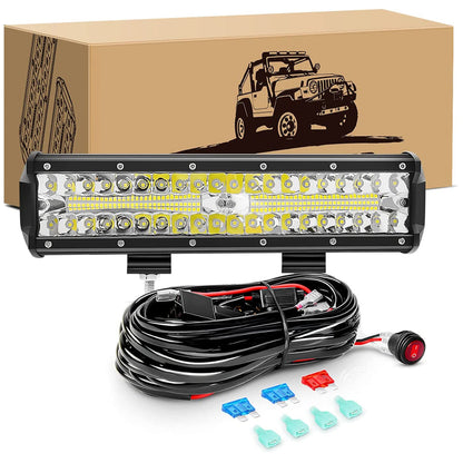 Waywe 12 Inch 300W Triple Row Led Light Bar Spot Flood Combo with 16AWG 3Pin Rocker Switch Wiring Harness kit