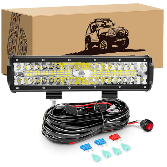 Waywe 12 Inch 300W Triple Row Led Light Bar Spot Flood Combo with 16AWG 3Pin Rocker Switch Wiring Harness kit