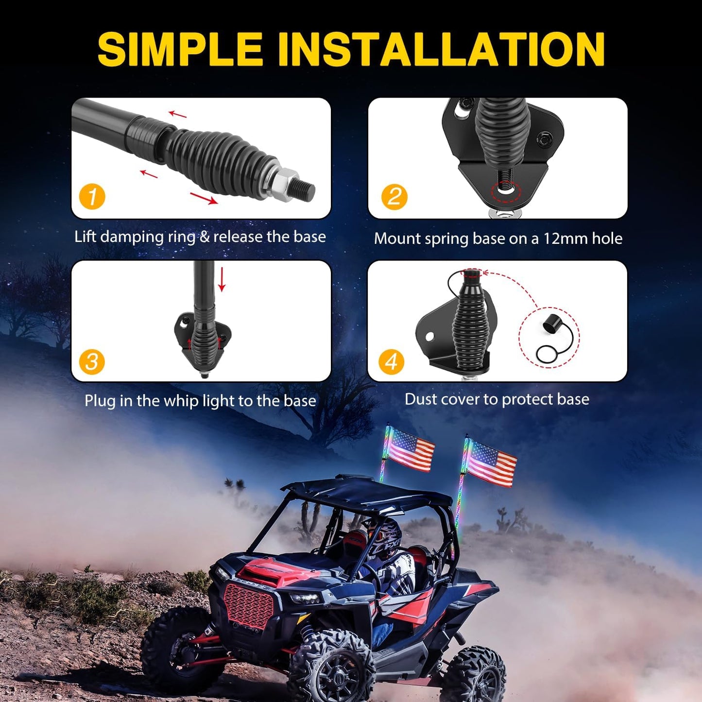 Waywe 2 PCS 5FT LED Whip Light with Spring Base Bluetooth App RF Remote Control Stop Turn Reverse Lights Antenna Whips for UTV ATV Truck Buggy Dune RZR Can-am