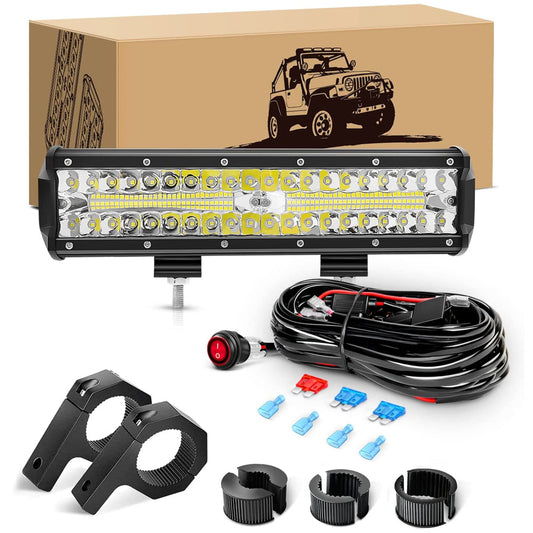Waywe 12Inch 300W Triple Row Led Light Bar Spot Flood Combo Off Road Lights Mounting Bracket Horizontal Bar Tube Clamp Led Lamp with Wiring Harness for Truck Golf Cart ATV UTV