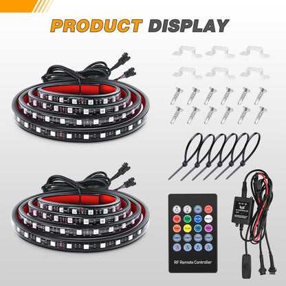 Waywe RGB Truck Bed Light Strip 2PCS 60" 180 LEDs Neon Accent Lighting with RF Remote On/Off Switch Splitter Extension Cable for 12-Volt Car Cargo Pickup SUV RV Boat