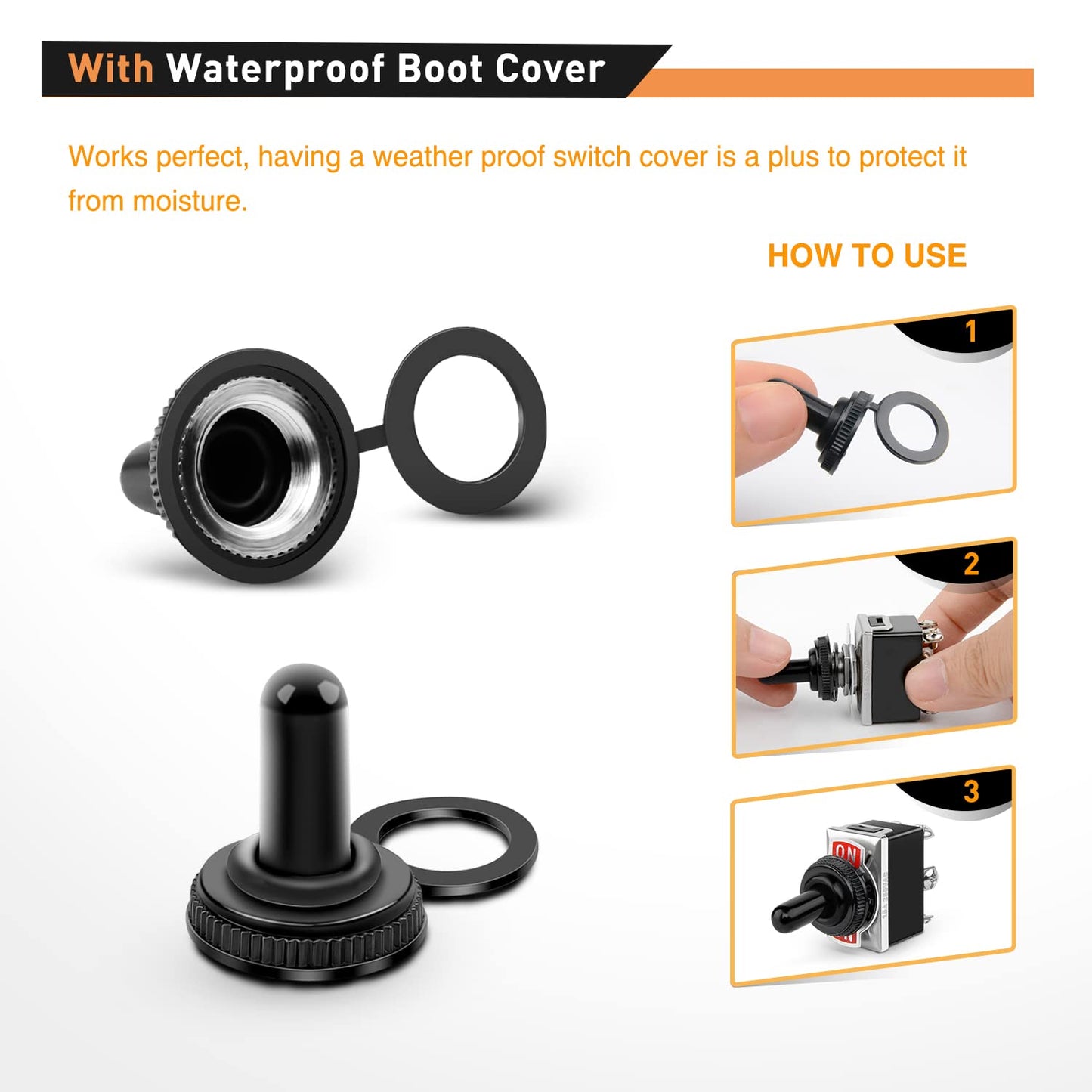 Waywe Heavy Duty Rocker Toggle 15A 250V 20A 125V SPST 2Pin ON Off Switch Metal Bat Waterproof Boot Cap Cover-5 Pack