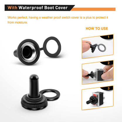 Waywe Heavy Duty Rocker Toggle 15A 250V 20A 125V SPST 2Pin ON Off Switch Metal Bat Waterproof Boot Cap Cover-5 Pack