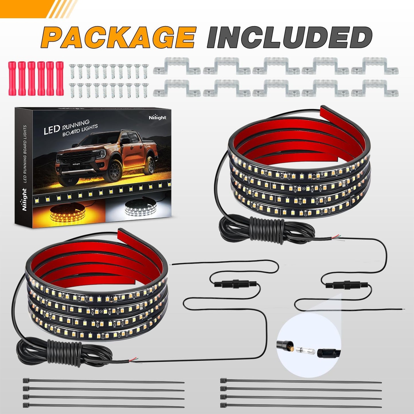 Waywe Truck Running Board Lights - 2PCS 70 Inch DRL LED Side Maker Light Kits for Extended and Crew Cab Trucks Pickup White Courtesy Amber Sequential Turn Signal Lighting Strips