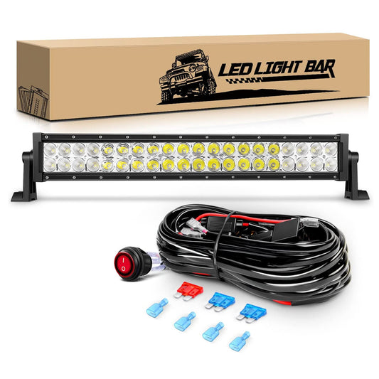 Waywe 22 Inch 120W Spot Flood Combo Off Road Led Light Bar Work Light Driving Lamp with 16 AWG Wiring Harness Kit for Truck Jeep ATV SUV,White