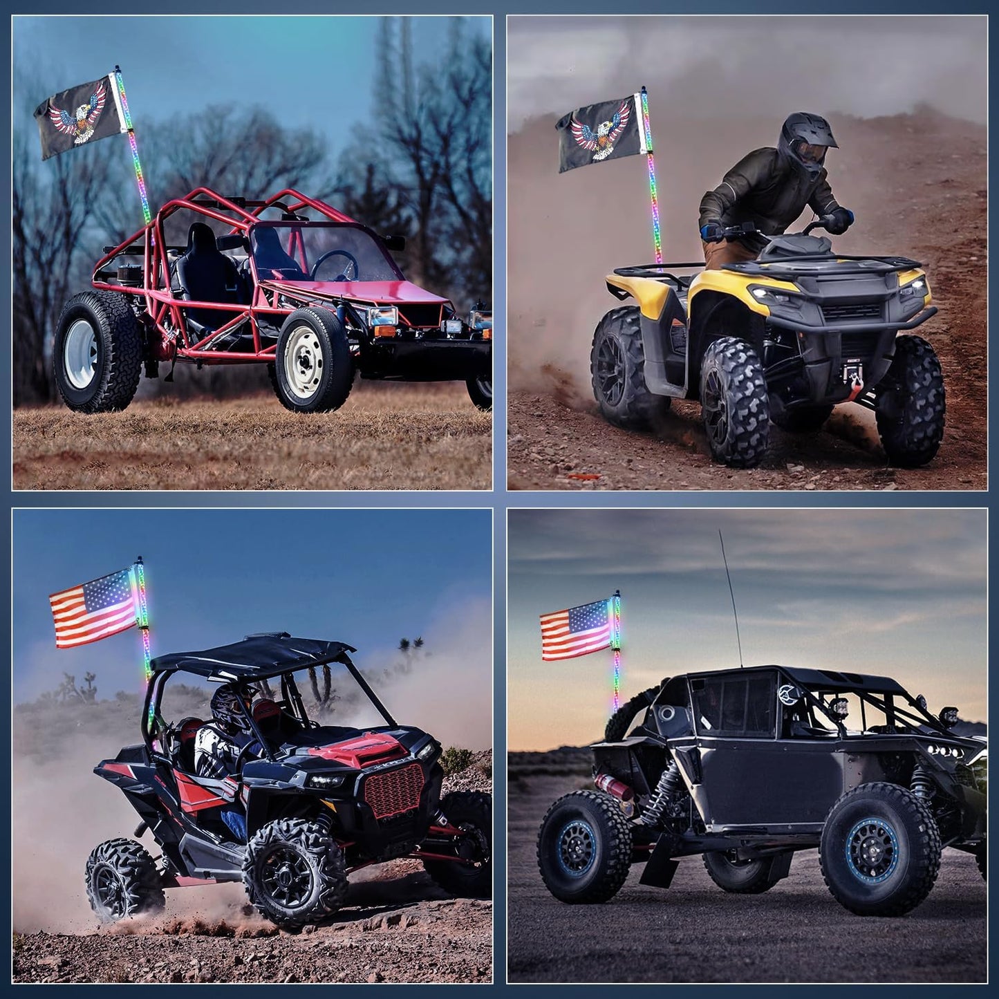 Waywe 1PC 4FT LED Whip Light with Spring Base Spiral RGB Chasing RF Remote Lighted Whips w/ Rocker Switch LED Antenna for UTV ATV Truck Sand Rail Buggy Dune RZR Can-am