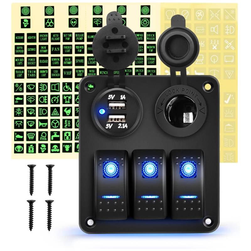 Waywe 3 Gang Rocker Switch Panel with USB Charger and Cigar Lighter 12V 24V Toggle Switch ON Off Rocker Switch Blue for Cars Rvs Trucks