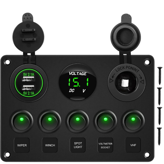 Waywe Multi-Function 5 Gang Rocker Switch Dual USB Charger Digital Volmeter 12V Outlet Pre-Wired Switch Panel Green with Circuit Breakers for RV Car Boat Truck Trailer