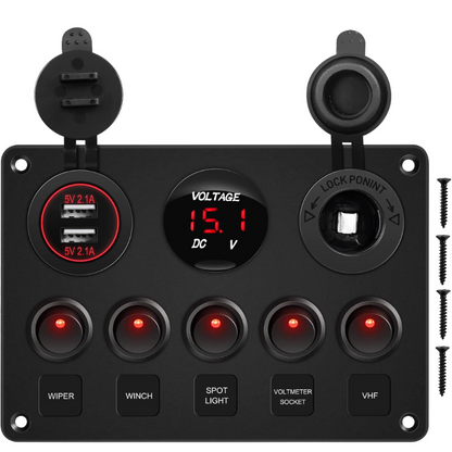 Waywe Multi-Function 5 Gang Rocker Switch Dual USB Charger Digital Volmeter 12V Outlet Pre-Wired Switch Panel Red with Circuit Breakers for RV Car Boat Truck Trailer