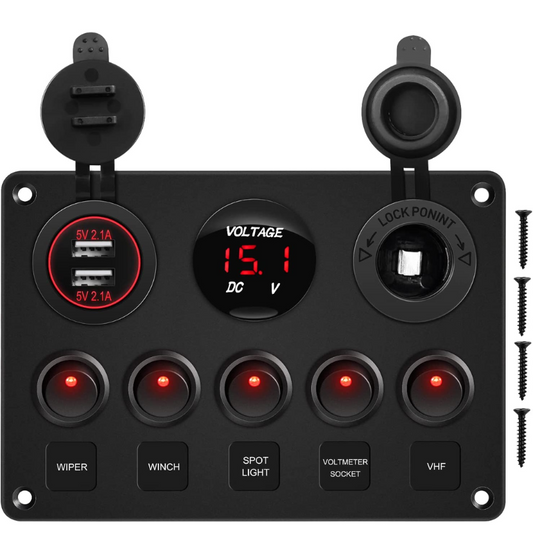 Waywe Multi-Function 5 Gang Rocker Switch Dual USB Charger Digital Volmeter 12V Outlet Pre-Wired Switch Panel Red with Circuit Breakers for RV Car Boat Truck Trailer