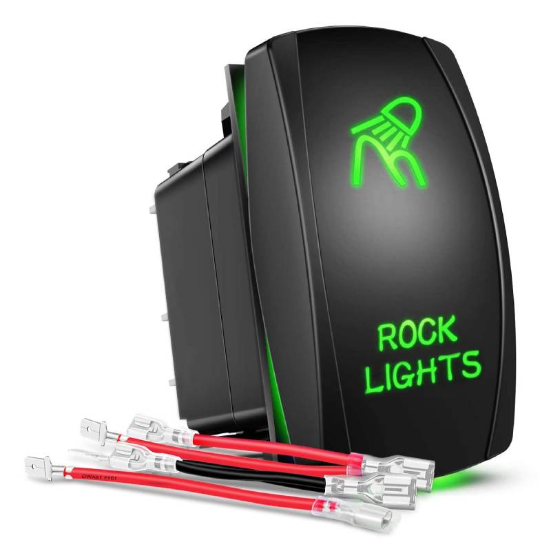 Waywe Rock Lights Rocker Switch Led Light Bar Switch 5Pin Laser On Off SPST switches 20A 12V 10A 24V Switch Green with Jumper Wires Set for Cars Trucks RVs