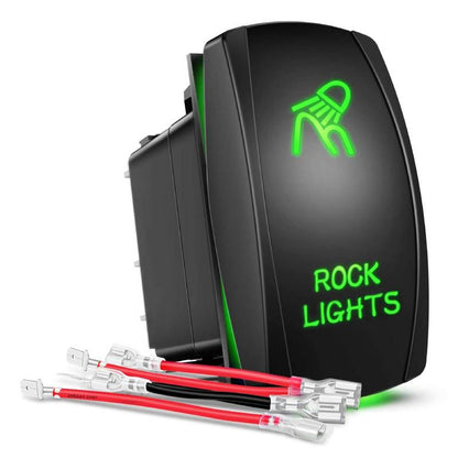 Waywe Rock Lights Rocker Switch Led Light Bar Switch 5Pin Laser On Off SPST switches 20A 12V 10A 24V Switch Green with Jumper Wires Set for Cars Trucks RVs