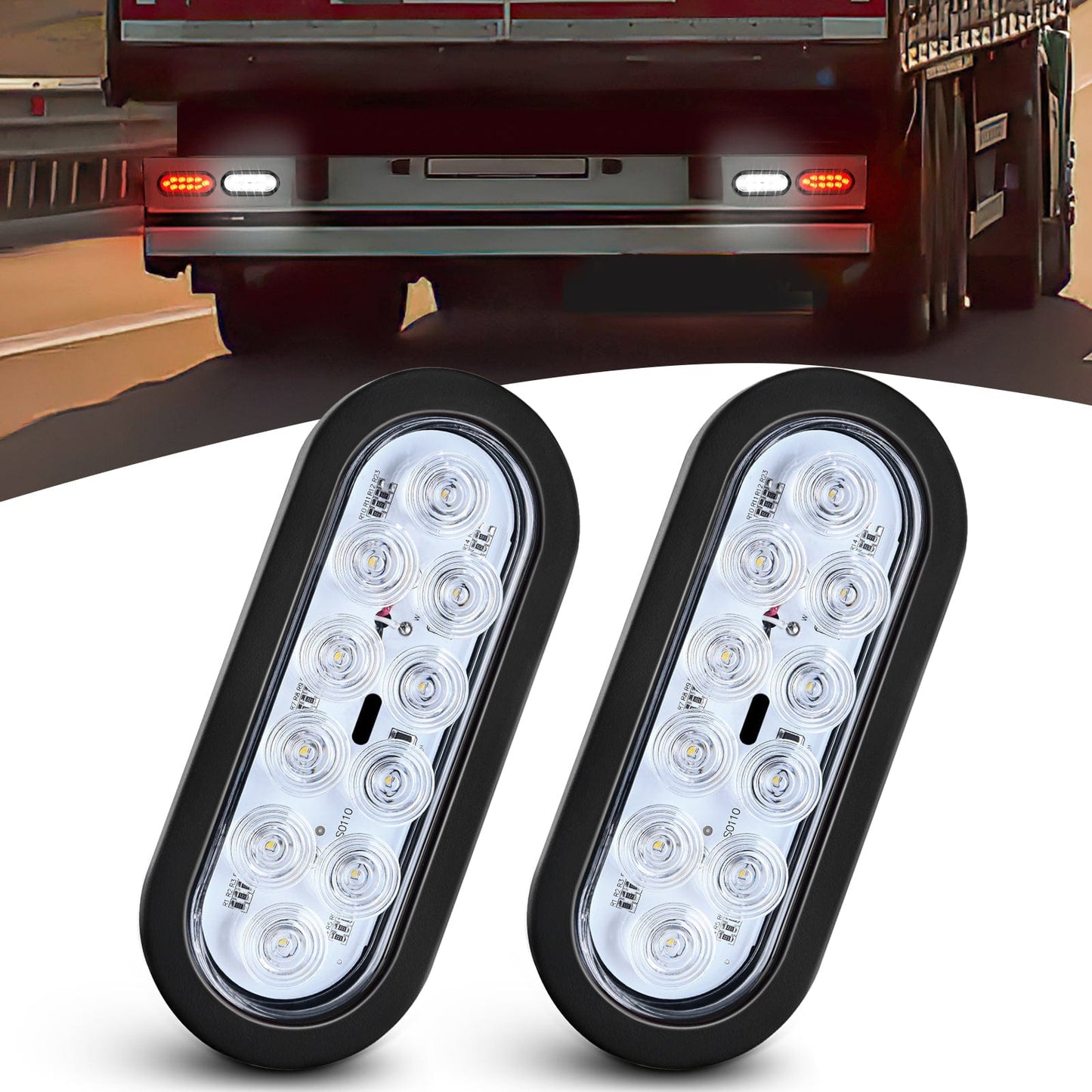 Waywe 6Inch Oval Trailer Tail Light 2PCS 10LED White Reverse Back Up Lights w/Surface Mount Grommets Plugs IP67 Waterproof for Truck RV Tractor