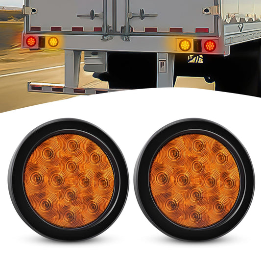 Waywe 4 Inch Round Trailer Tail Light 2 PCS 12 LED Amber Turn Signals Lights w/Surface Mount Grommets Plugs IP67 Waterproof for Truck RV Tractor
